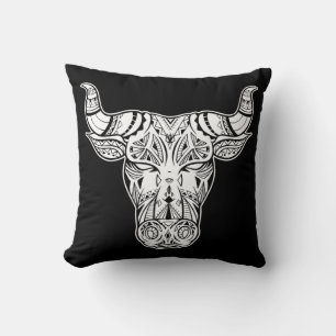 Bull head with boho decoration  throw pillow