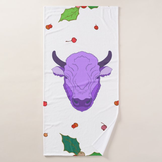 Bull,  holly,  mistletoe and berries. The symbol o Bath Towel (Bath Towel)