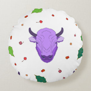 Bull, holly, mistletoe and berries. The symbol o Round Pillow