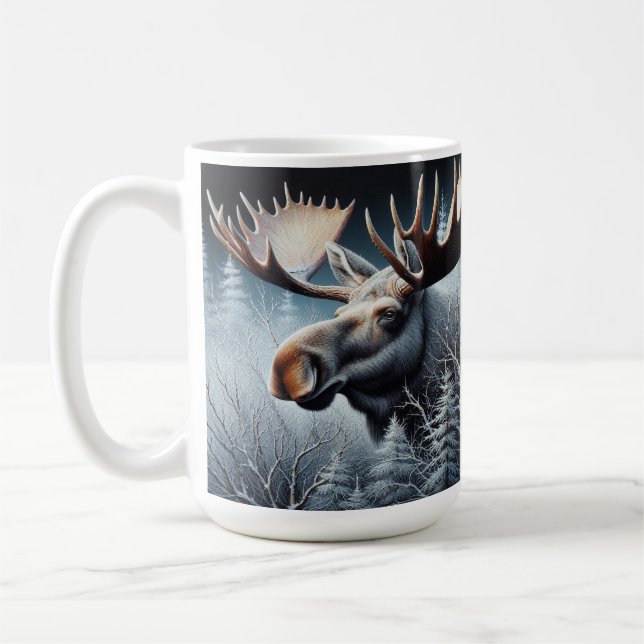 Bull Moose in Thick Brush and Pine Trees Coffee Mug (Left)