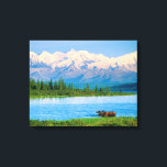 Bull moose in Wonder Lake Canvas Print<br><div class="desc">Wonder Lake,  Bull moose feeds on vegetation,  Alaska mountains in the distance,  Denali National Park,  Alaska</div>