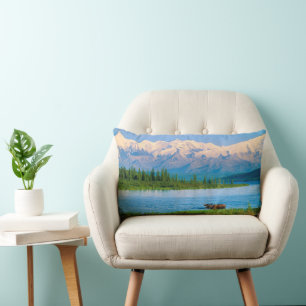 Bull moose in Wonder Lake Lumbar Pillow