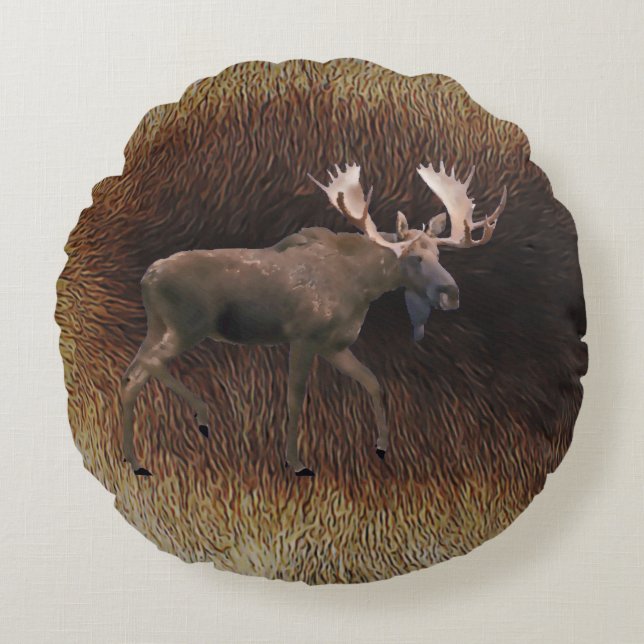 Bull Moose On Caribou Fur Round Pillow (Front)
