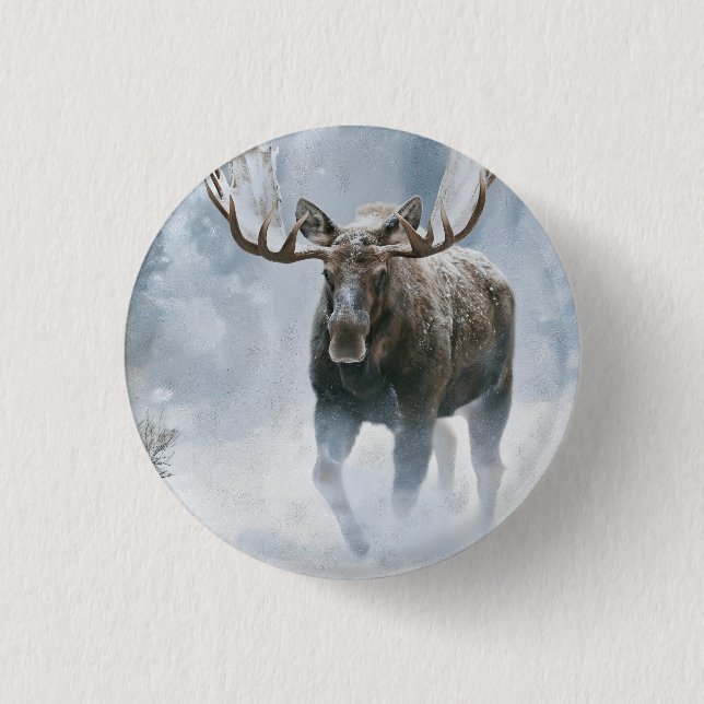 Bull Moose Walking Through Boreal Snow 1 Inch Round Button (Front)