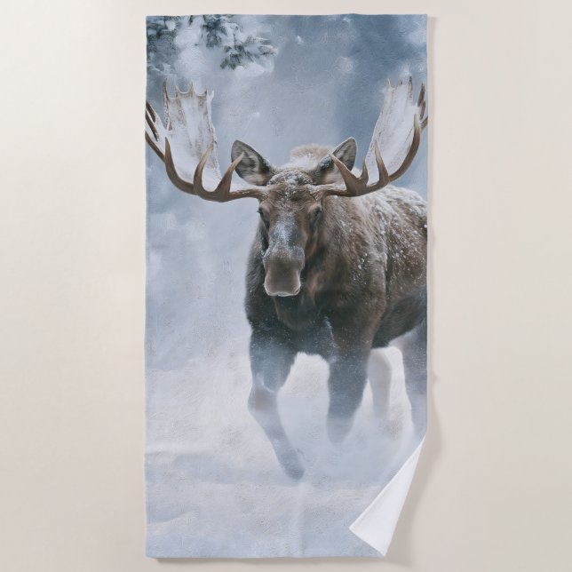 Bull Moose Walking Through Boreal Snow Beach Towel (Front)
