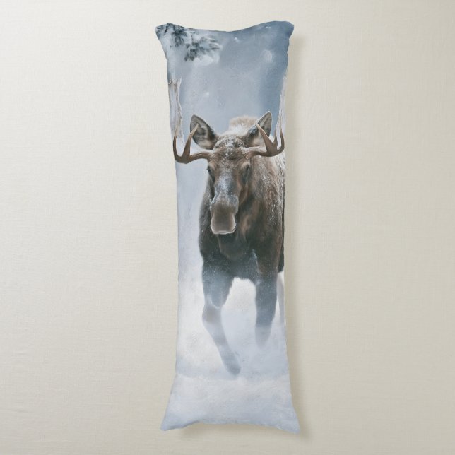 Bull Moose Walking Through Boreal Snow Body Pillow (Front Vertical)