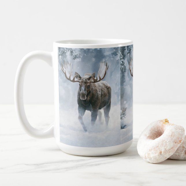 Bull Moose Walking Through Boreal Snow Coffee Mug (With Donut)