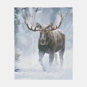 Bull Moose Walking Through Boreal Snow Fleece Blanket