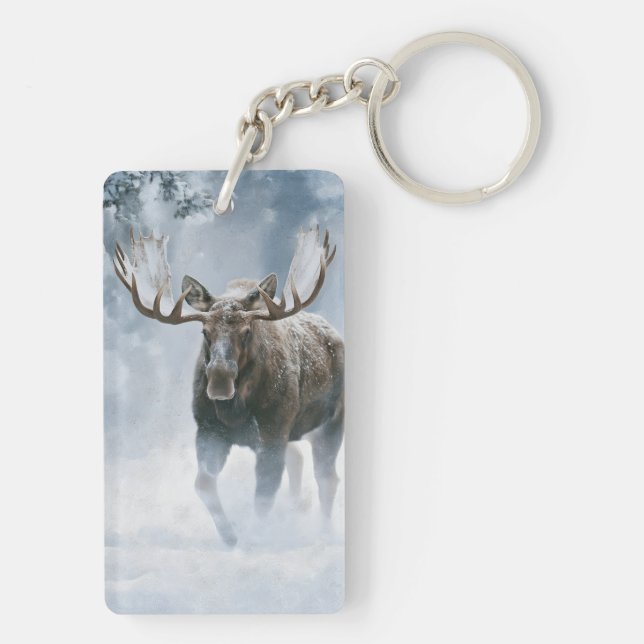 Bull Moose Walking Through Boreal Snow Keychain (Back)