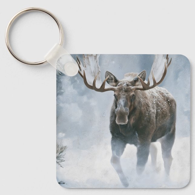 Bull Moose Walking Through Boreal Snow Keychain (Front)