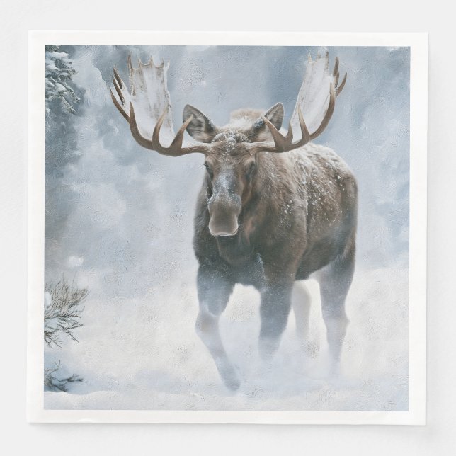 Bull Moose Walking Through Boreal Snow Napkin (Front)