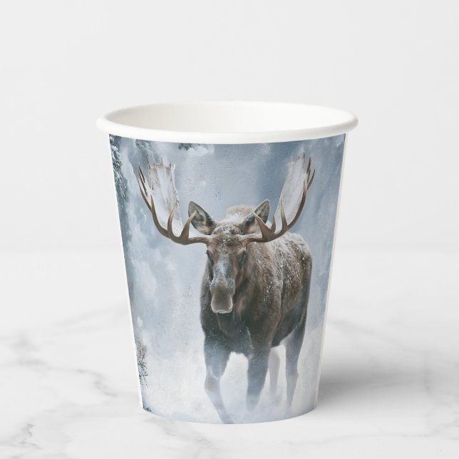 Bull Moose Walking Through Boreal Snow Paper Cups (Front)