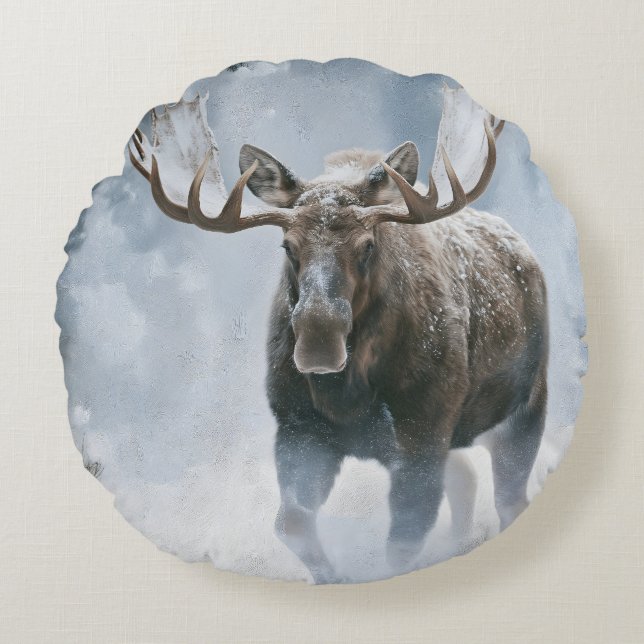 Bull Moose Walking Through Boreal Snow Round Pillow (Front)