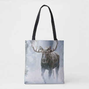 Bull Moose Walking Through Boreal Snow Tote Bag