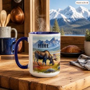Bull Moose Watercolor Custom Name Coffee Mug