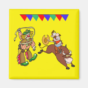 Bull Rider and Rodeo Clown Cartoon Magnet
