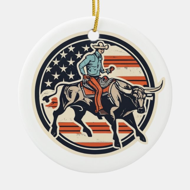 Bull Rider Cowboy Ceramic Ornament (Front)