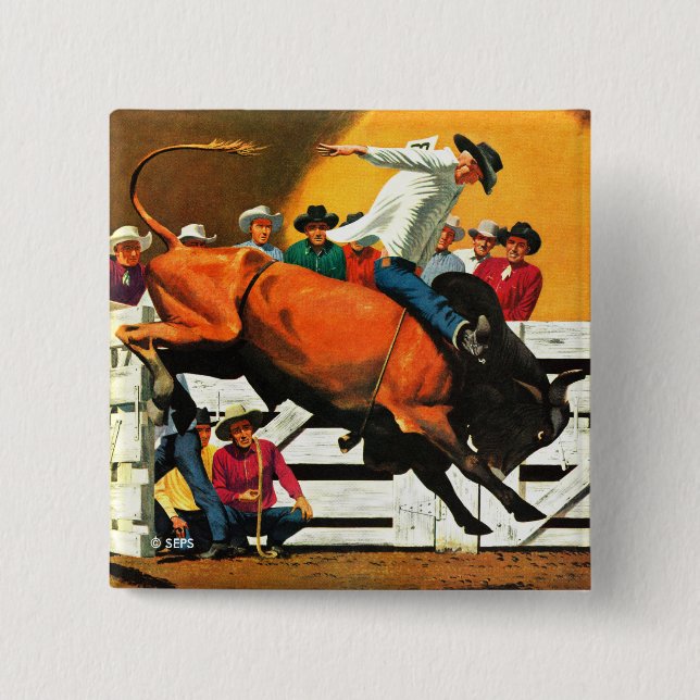 Bull Riding by Fred Ludekens 2 Inch Square Button (Front)