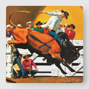 Bull Riding by Fred Ludekens Square Wall Clock