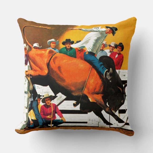 Bull Riding by Fred Ludekens Throw Pillow (Front)