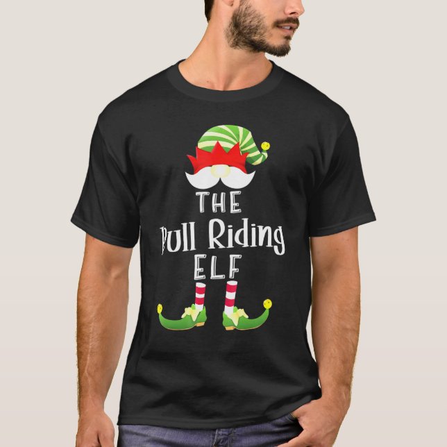Bull Riding Elf Group Christmas Pajama Party T-Shirt (Front)