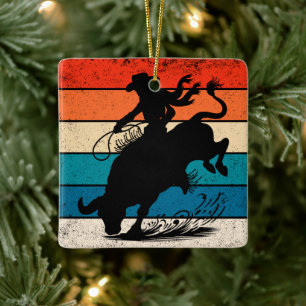 Bull Riding Rodeo Bull Riders Western Ranch Retro Ceramic Ornament