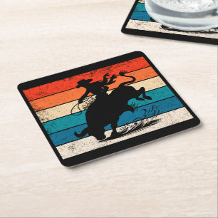 Bull Riding Rodeo Bull Riders Western Ranch Retro Square Paper Coaster