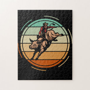 Bull Riding Rodeo Rider Cowboy Western Vintage Jigsaw Puzzle