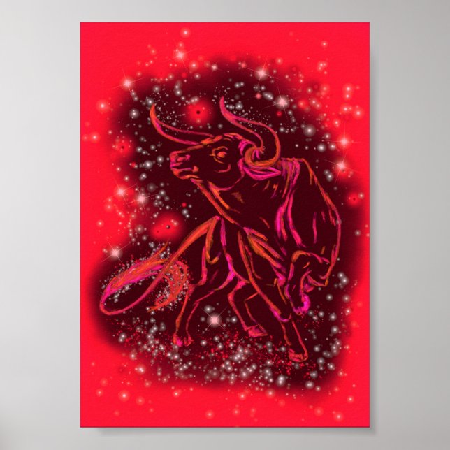 Bull Running At Red Starry Night Poster (Front)