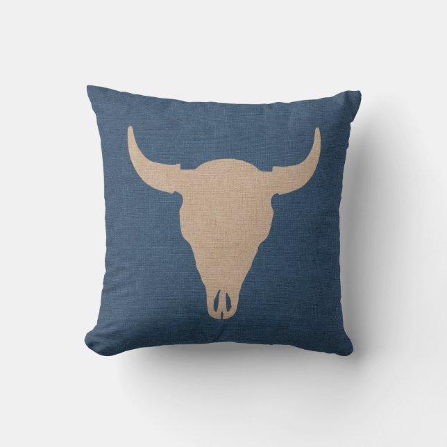 Bull Skull and Horns Denim Blue Throw Pillow (Front)
