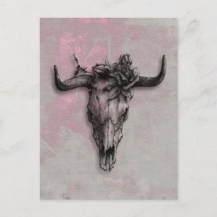 Bull Skull and Rose and Grey Pink Abstract Art Postcard