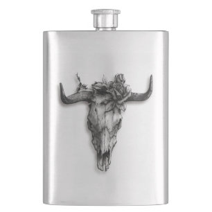 Bull Skull and Rose Emerico Art Style Classic Hip Flask