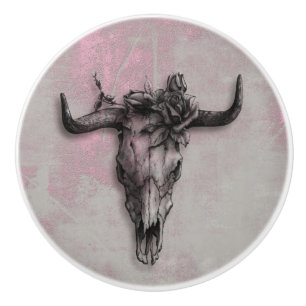 Bull Skull and Rose on Rustic Pink Grey background Ceramic Knob