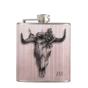 Bull Skull and Rose stripes Rose Gold monogram Hip Flask
