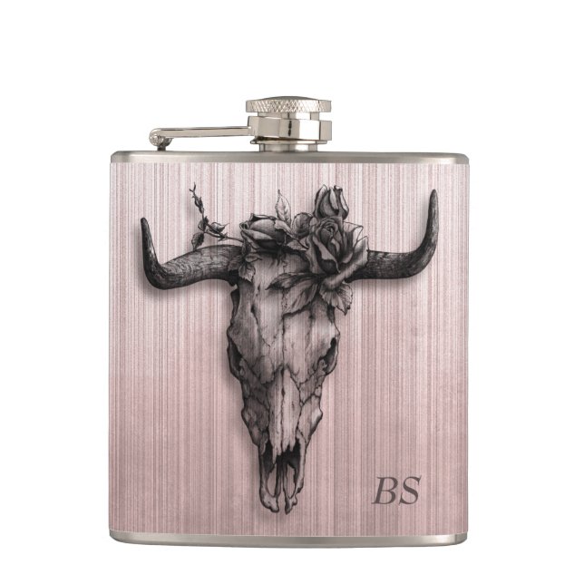 Bull Skull and Rose stripes Rose Gold monogram Hip Flask (Front)