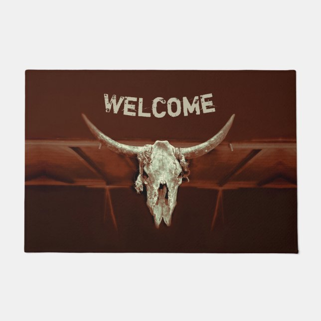 Bull Skull Brown Rustic Western Country Wecome Doormat (Front)