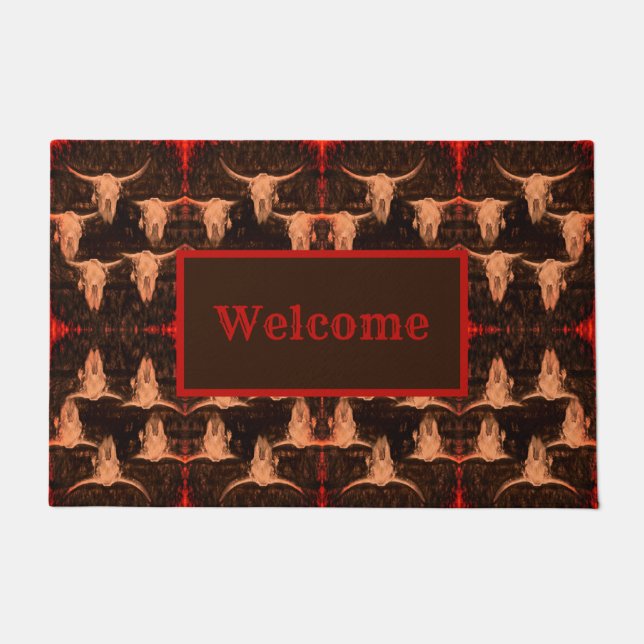 Bull Skull Brown Rustic Western Country Welcome Doormat (Front)