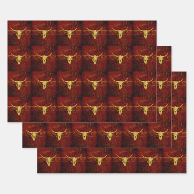 Bull Skull Brown Western Country Rustic Pattern Wrapping Paper Sheet (Set)