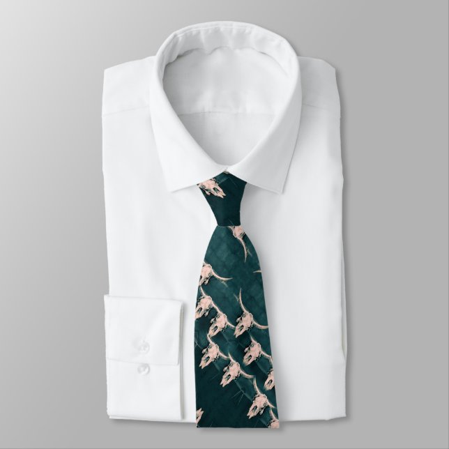 Bull Skull Country Western Vintage Green Rustic  Tie (Tied)