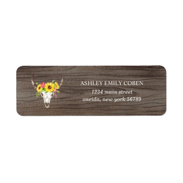 Bull Skull on Dark Wood with Sunflowers Address (Front)