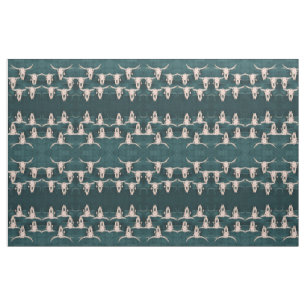 Bull Skull Rustic Vintage Teal Green Western Fabric