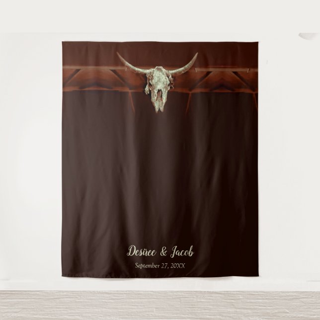 Bull Skull Wedding Western Brown Rustic Backdrop Tapestry (Front)