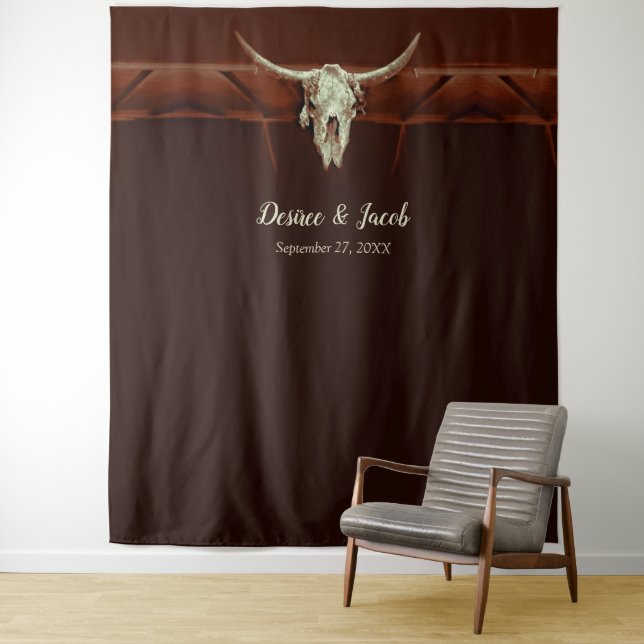 Bull Skull Wedding Western Rustic Brown Backdrop Tapestry (In Situ)