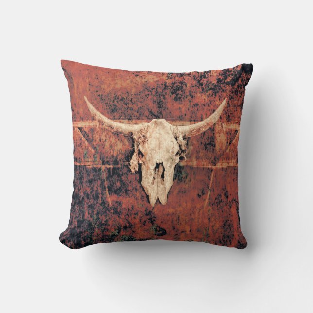Bull Skull Western Country Brown Black Rustic Art Throw Pillow (Front)