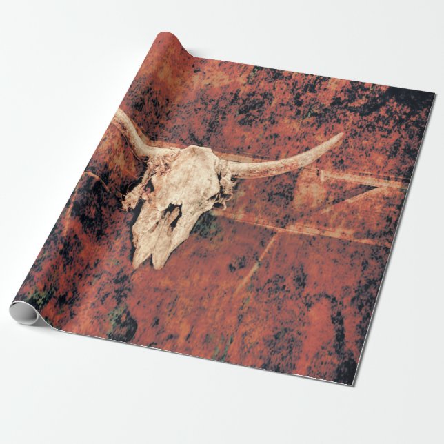 Bull Skull Western Country Brown Black Rustic Art Wrapping Paper (Unrolled)