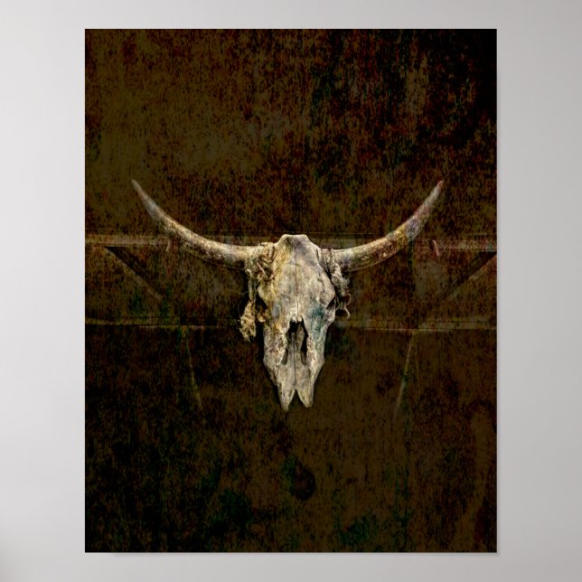 Bull Skull Western Country Brown Old Rustic Grunge Poster (Front)