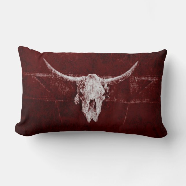 Bull Skull Western Country Burgundy Red Old Rustic Lumbar Pillow (Front)