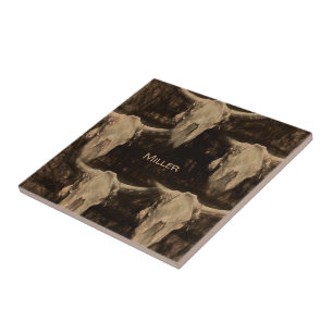 Bull Skull Western Rustic Country Brown Sepia Art Tile