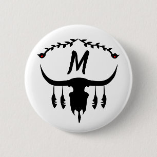 Bull Skull with Black Feathers Silhouette 2 Inch Round Button