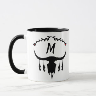 Bull Skull with Black Feathers Silhouette Mug